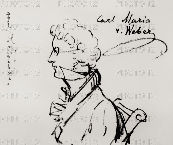 Caricature by Eduard Mörike, portrait of Carl Maria von Weber, 1786 - 1826, German composer,