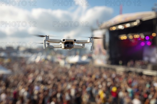 Ein Fernpilot steuert sein Quadrocopter, Drohne illegal über ein Open-Air Musik Konzert mit vielen