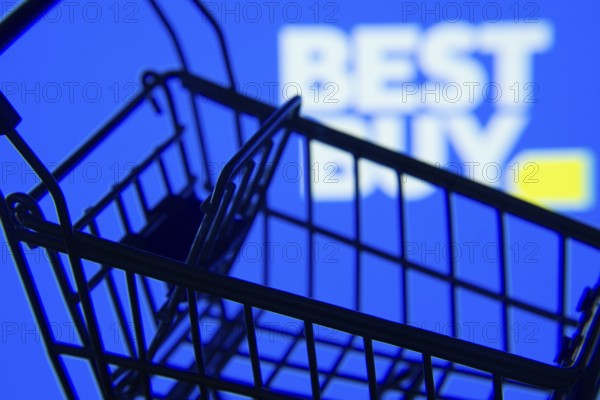 Dhaka, Bangladesh- 03 July 2025: Silhouette of a shopping cart in front of the Best Buy logo,