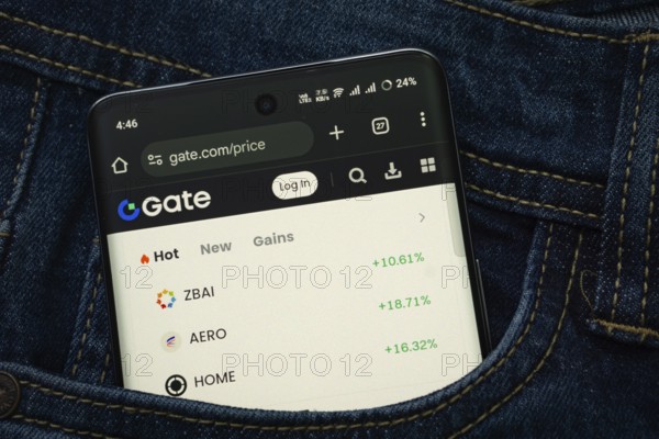 Dhaka, Bangladesh- 15 June 2025: A smartphone displaying the Gate.io web interface peeks out of a