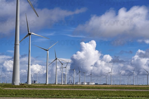 Wind farms Westereems and Growind, in the north of the Netherlands, near Eemshaven, energy centre,
