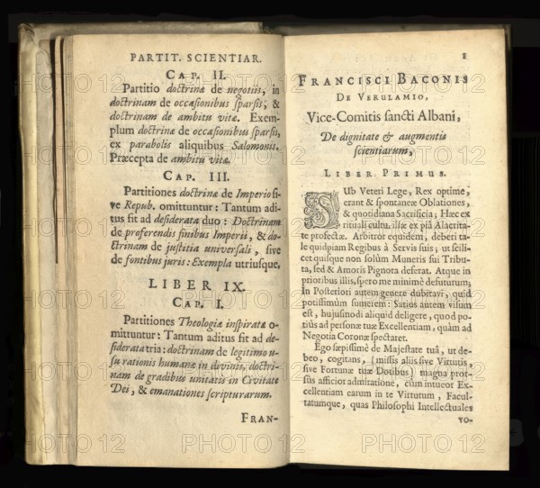Pages from ‘De augmentis scientiarum‘ by Sir Francis Bacon, 1561 - 1626, English lawyer, statesman,