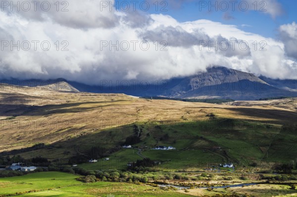 Farms over Loch Harport, Drynoch, Isle of Skye, Scotland, UK