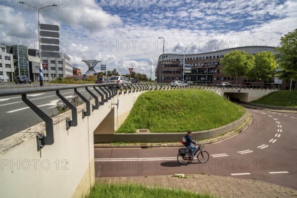 Roundabout in the Dutch city of Houten, the lanes for cars and bicycles are separated, the cycle