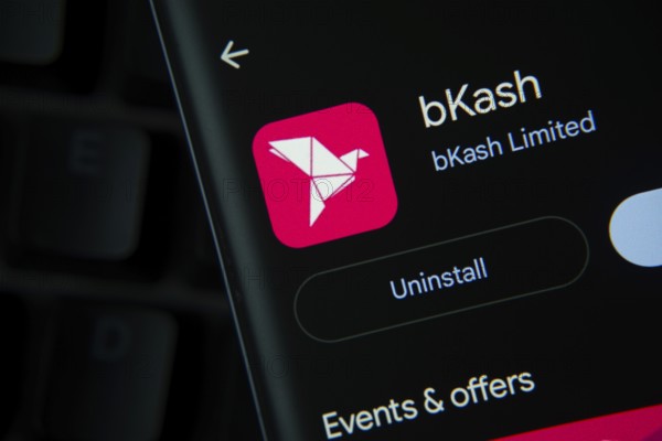 Dhaka, Bangladesh- 27 July 2025: Screen displaying bKash app with open and uninstall options, dark