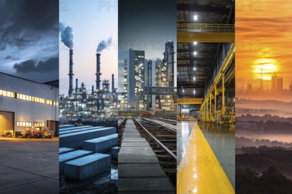Collage of industrial factories and warehouses. Illustration of global international trade and