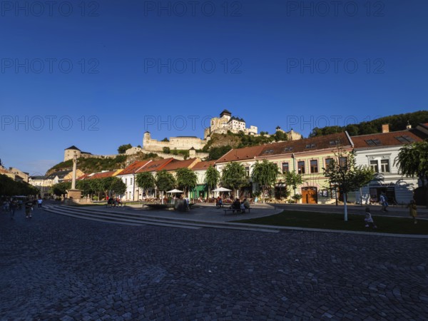The Peace Square in the old town centre of Trencín, Trencín Castle in the background, Capital of