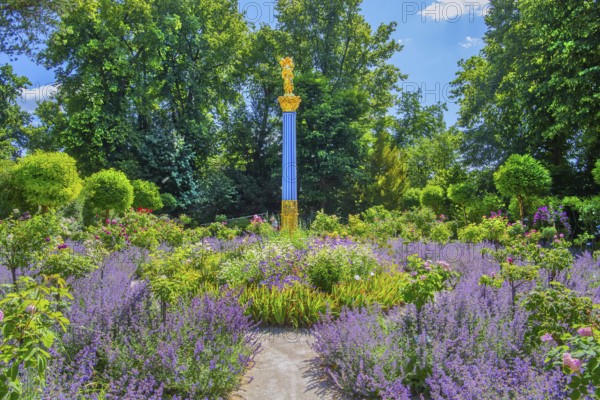 Rosarium with blooming roses and lavender on the Rose Island in Lake Starnberg, Feldafing, Upper