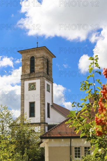 Protestant church, church, sacred building, church square, church tower, clock, Gomaringen,