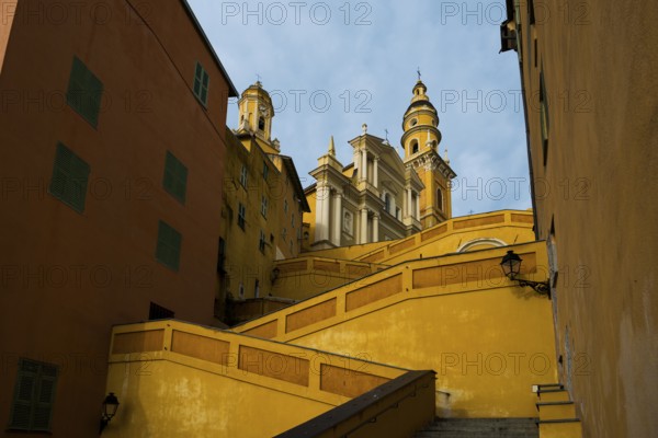 Town with colourful houses by the sea, sunrise, Menton, Alpes Maritimes, Provence Alpes Cote