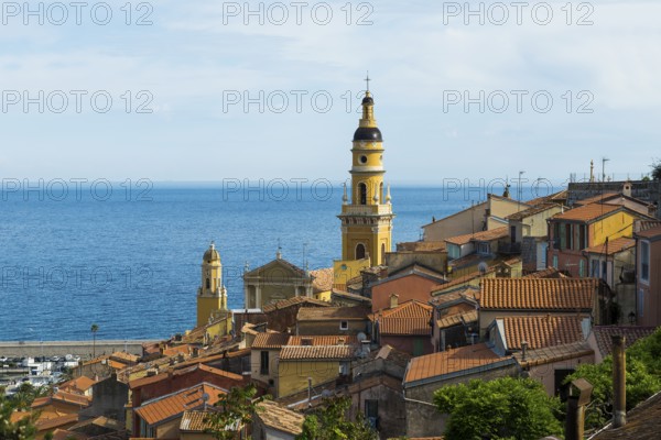 Town with colourful houses by the sea, Menton, Alpes Maritimes, Provence Alpes Cote d'Azur, French
