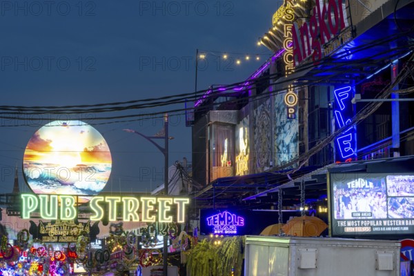 Neon lights, Pub Street in the evening, entertainment district with bars and restaurants, Siem