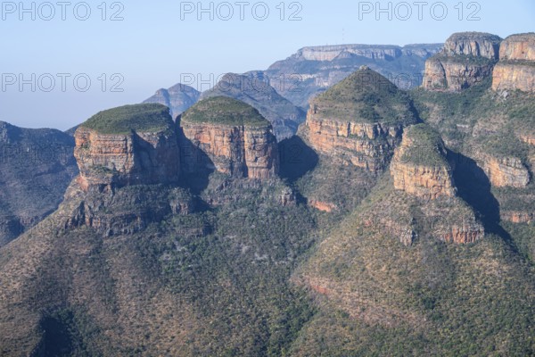 Blyde River Canyon with Three Rondawels peak, view of canyon and table mountains, canyon landscape,