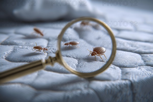 Bed bugs and dust mites concept with the magnifying glass. Allergy and old linen that contains