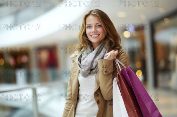 Beautiful young happy attractive woman with bags of different colours in shopping center mall
