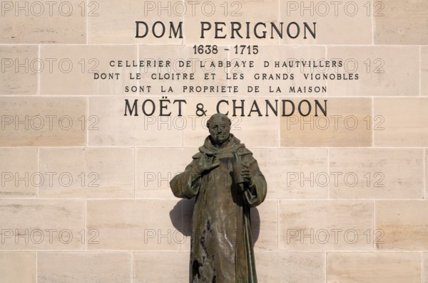Dom Perignon statue, headquarters of the champagne brand Moët & Chandon, part of the luxury goods