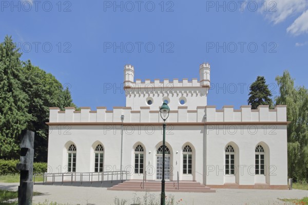 Gothic house with battlements and corner turrets, neo-Gothic, white, museum, Dornholzhausen, Bad
