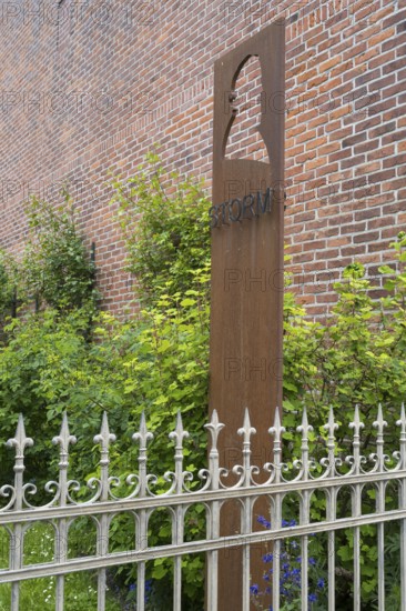 Sign and fence at the Theodro Storm House, Theodor Storm Centre, Museum, Old Town, Husum, North