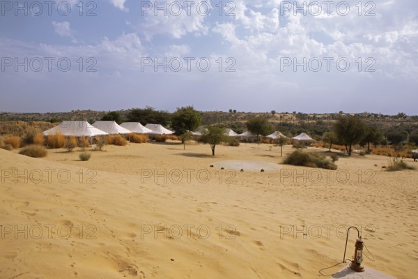 Desert camp or tented camp in the Thar Desert or Great Indian Desert, near Jaisalmer, Rajasthan,