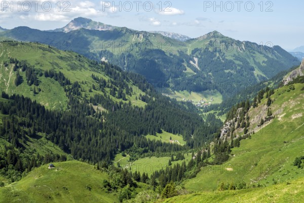 View from the hiking trail to the Hochalp Pass into Kleinwalsertal, behind Walmendinger Horn,