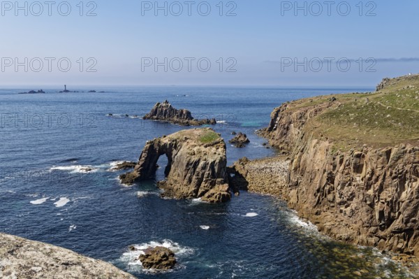 Rock formation and rock gate off the west coast of England in the Atlantic Ocean. Land's End, the