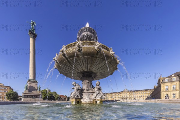 Schlossplatz Stuttgart with New Palace and fountain with fountain bowl. Place of interest in