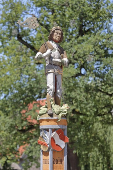 Sculpture of St George with lance, St George's Fountain, dragon slayer, detail, market fountain,