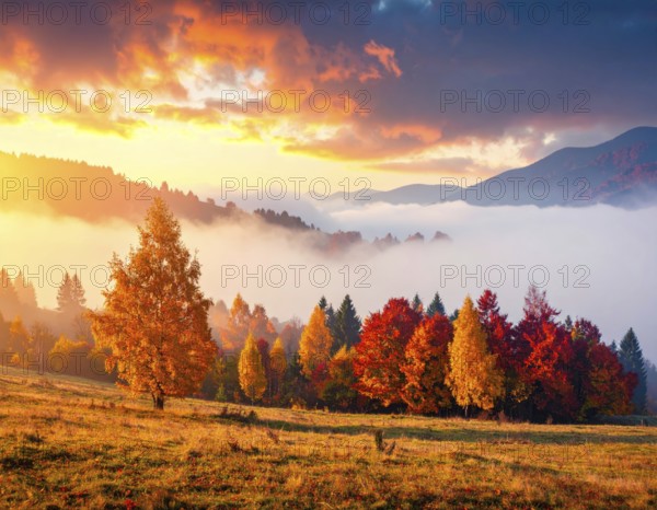 Mystical foggy landscape in autumn, colorful trees in fog, misty mood nature atmosphere, AI