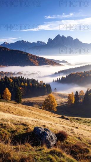 Mystical foggy landscape in autumn, colorful trees in fog, misty mood nature atmosphere, AI
