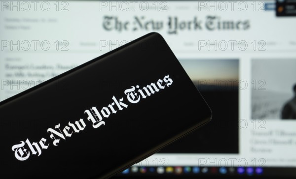 Dhaka, Bangladesh - 18 March 2025: The logo of the the new york times is displayed on a smartphone