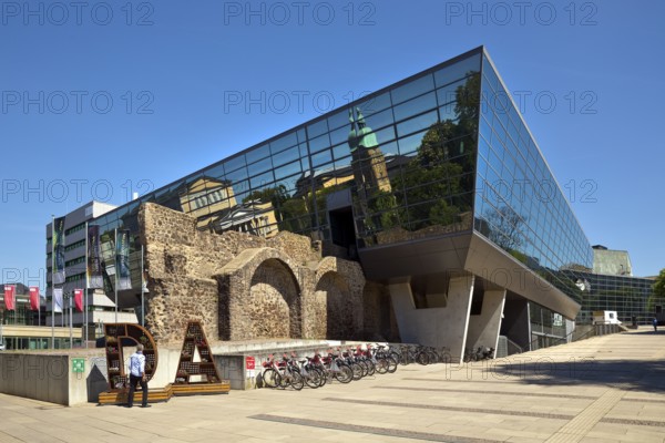 West side of the Darmstadtium congress centre with historic city wall in the centre of Darmstadt,