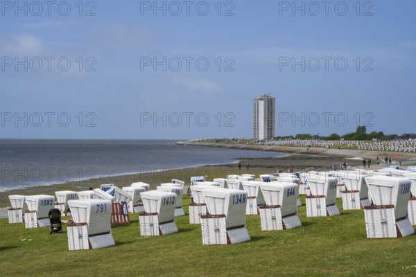 Beach chairs on the green beach, high-rise building, Büsum, North Sea, Schleswig-Holstein, Germany