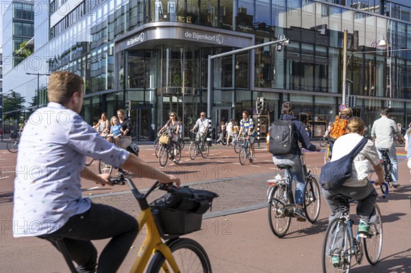 Central cycle path along the Vredenburg, in the city centre of Utrecht, lanes for pedestrians,