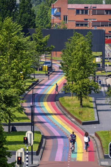 Rainbow cycle path through the university campus in Utrecht Science Park, 570 metres long, Utrecht