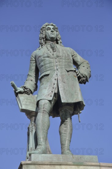 Sculpture Handel monument by Hermann Heidel 1859, George Frideric Handel with music stand, music