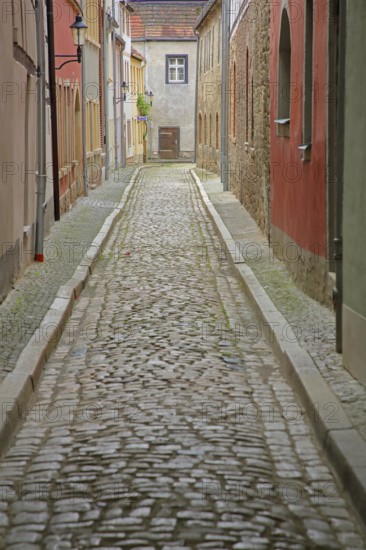 Narrow alley with houses, long narrow, alleyway with cobblestones and vanishing point, Judengasse,
