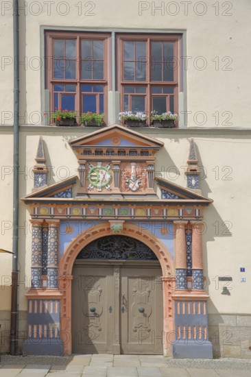 Portal with decorations from the town hall, Renaissance, market, Saale, Naumburg, Saxony-Anhalt,