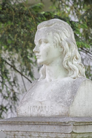 Novalis monument to writer and philosopher Friedrich von Hardenberg, head, bust, inscription,