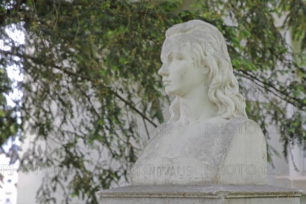 Novalis monument to writer and philosopher Friedrich von Hardenberg, head, bust, inscription,