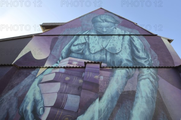 Mural Knowledge by Sokar Uno 2023, blue violet house wall, woman carrying a stack of books, books,