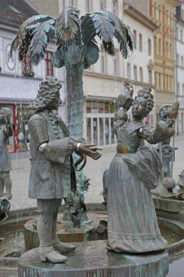 City fountain by Bonifatius Stirnberg 2000, bronze sculptures on the historical city history with