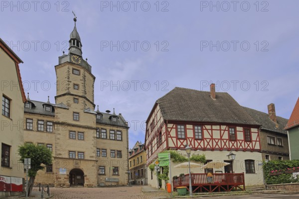 Town hall with tower built in 1662 and Wettiner Hof, restaurant, half-timbered house, Wettin,