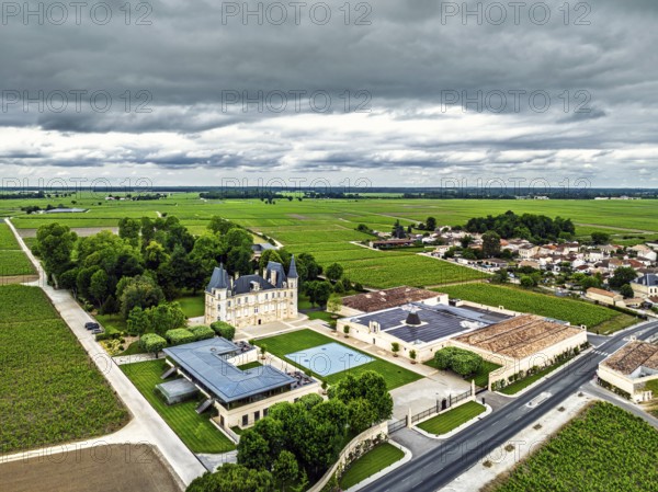 Chateau Pichon Longueville Baron Vineyard and grape fields around Pauillac from a drone, Bordeaux,