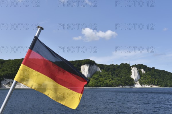 German flag on the Königsstuhl chalk cliff on Rügen, Mecklenburg-Western Pomerania, Germany