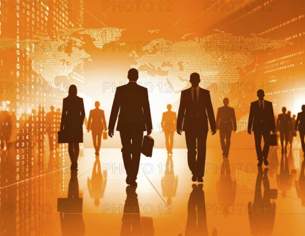 Business, abstract background, blur computer code, silhouette of walking people in a hall, orange
