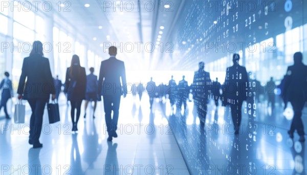 Business, abstract background, blur computer code, silhouette of walking people in a hall, blue