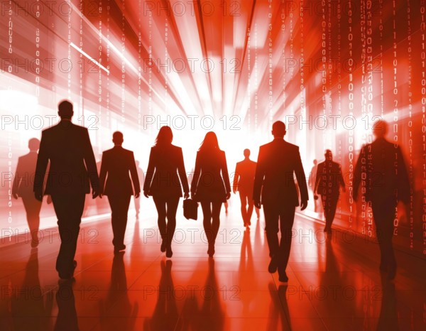 Business, abstract background, blur computer code, silhouette of walking people in a hall, red