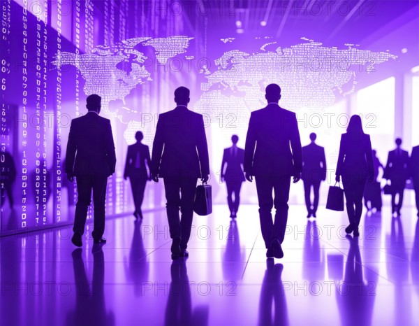 Business, abstract background, blur computer code, silhouette of walking people in a hall, purple