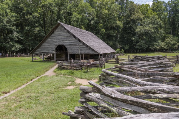Historic log buildings at the Oconaluftee Visitor Center at Great Smoky Mountains National Park