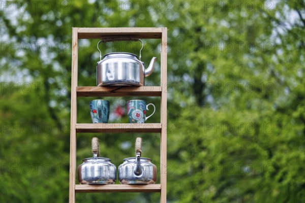 Tea kettle, kettle and tea cup on a shelf, decoration, Keukenhof gardens, Lisse, Bollenstreek,